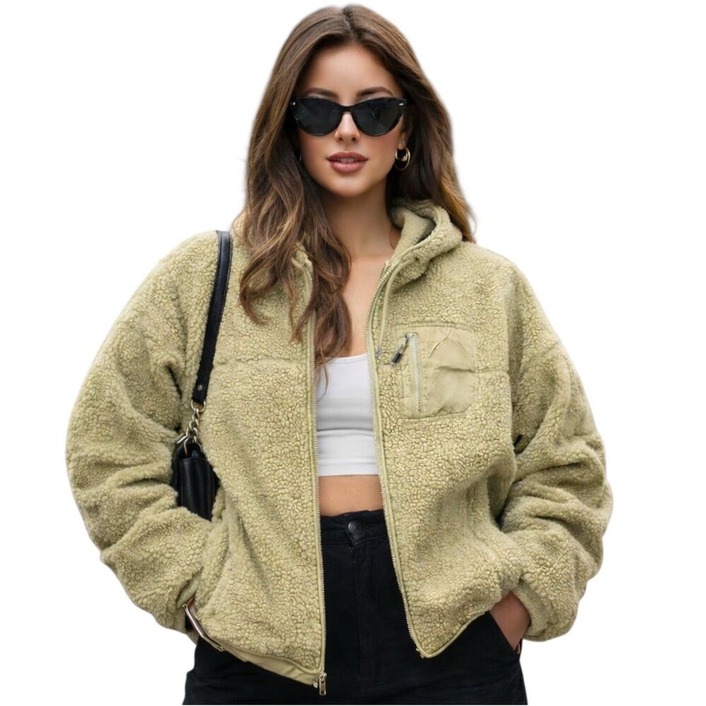 H&M Fleece Jacket Green Sherpa Hooded Zip Up Casual Streetwear - Picture 10 of 10
